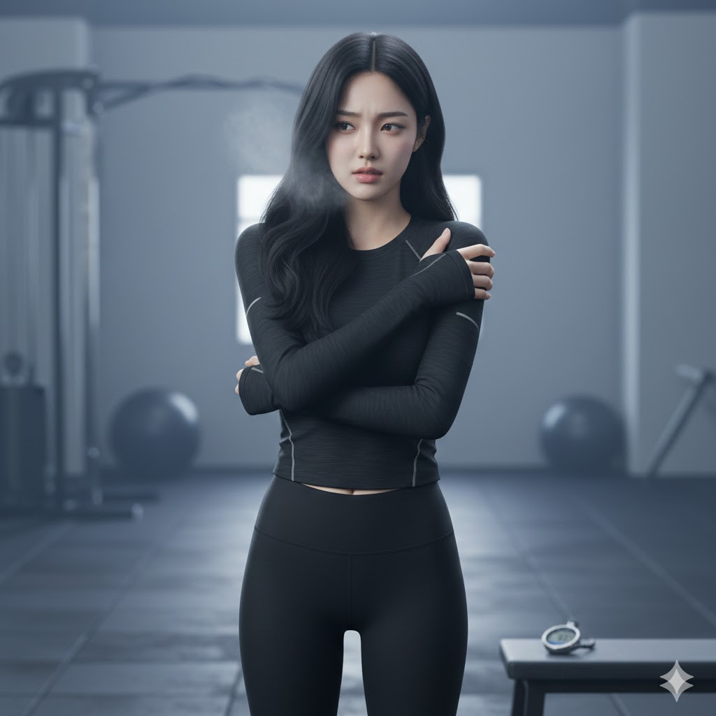 다이어트 중 체온 저하로 추워하는 여성 사진