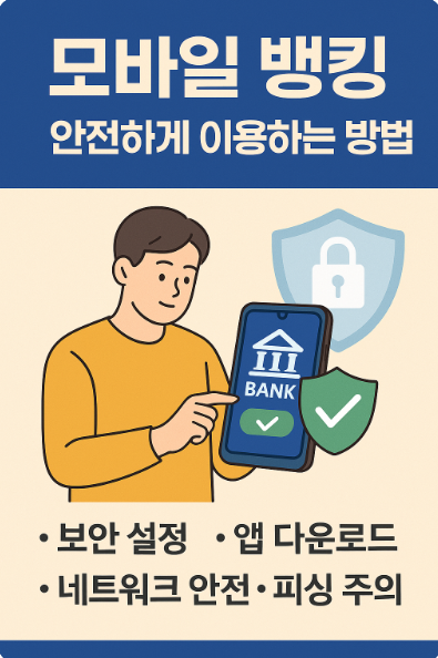 모바일 뱅킹 안전하게 이용하는 방법&rsquo;이라는 제목이 강조된 디지털 썸네일 이미지. 자물쇠 아이콘과 스마트폰 그림이 함께 배치되어 보안 중심의 금융 콘텐츠임을 시각적으로 표현함.