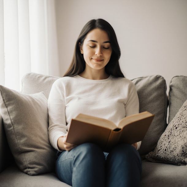 한 사람이 자신만의 공간에서 편안하게 독서를 하는 모습. 주변에 적절한 거리두기가 느껴지면서 평온하고 만족스러운 표정을 하고 있다.