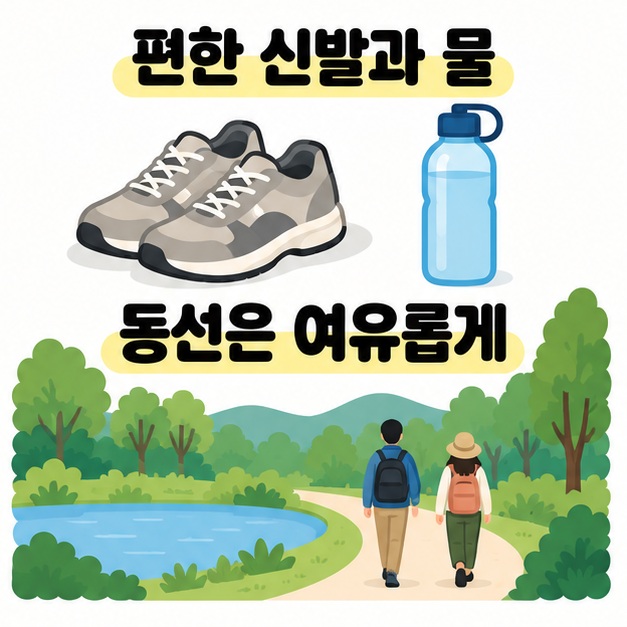 편한 신발과 물, 동선은 여유롭게 문구 아래 운동화와 물병, 연못 옆 숲길을 걷는 두 사람을 그린 방문 준비 안내