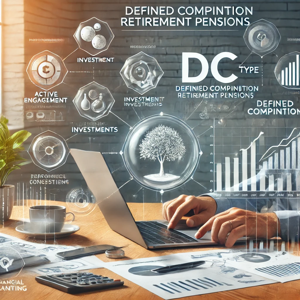 퇴직연금의 DB&amp;#44; DC&amp;#44; IRP 유형을 비교하여 설명하는 인포그래픽 스타일의 장면