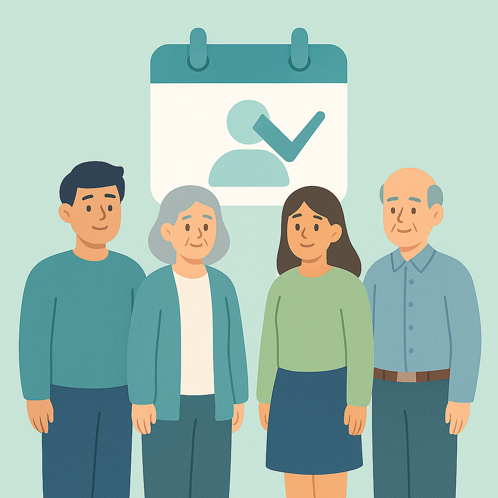 젊은 여성과 남성, 중장년 여성, 노년 남성이 함께 나란히 서 있고, 그 뒤에는 사람 아이콘과 체크 표시가 있는 달력 모양의 상징 이미지가 있는 일러스트. 만 18세 이상이면 누구나 요양보호사 자격증을 신청할 수 있다는 의미를 표현함