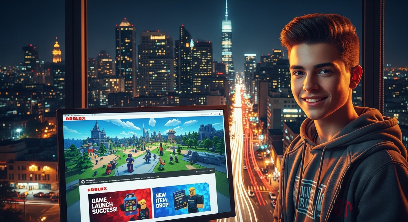 로블록스 스튜디오 화면 앞에서 만족한 표정을 짓고 있는 10대 소년의 모습. 뒤로는 도시에 불이 켜져 있다.