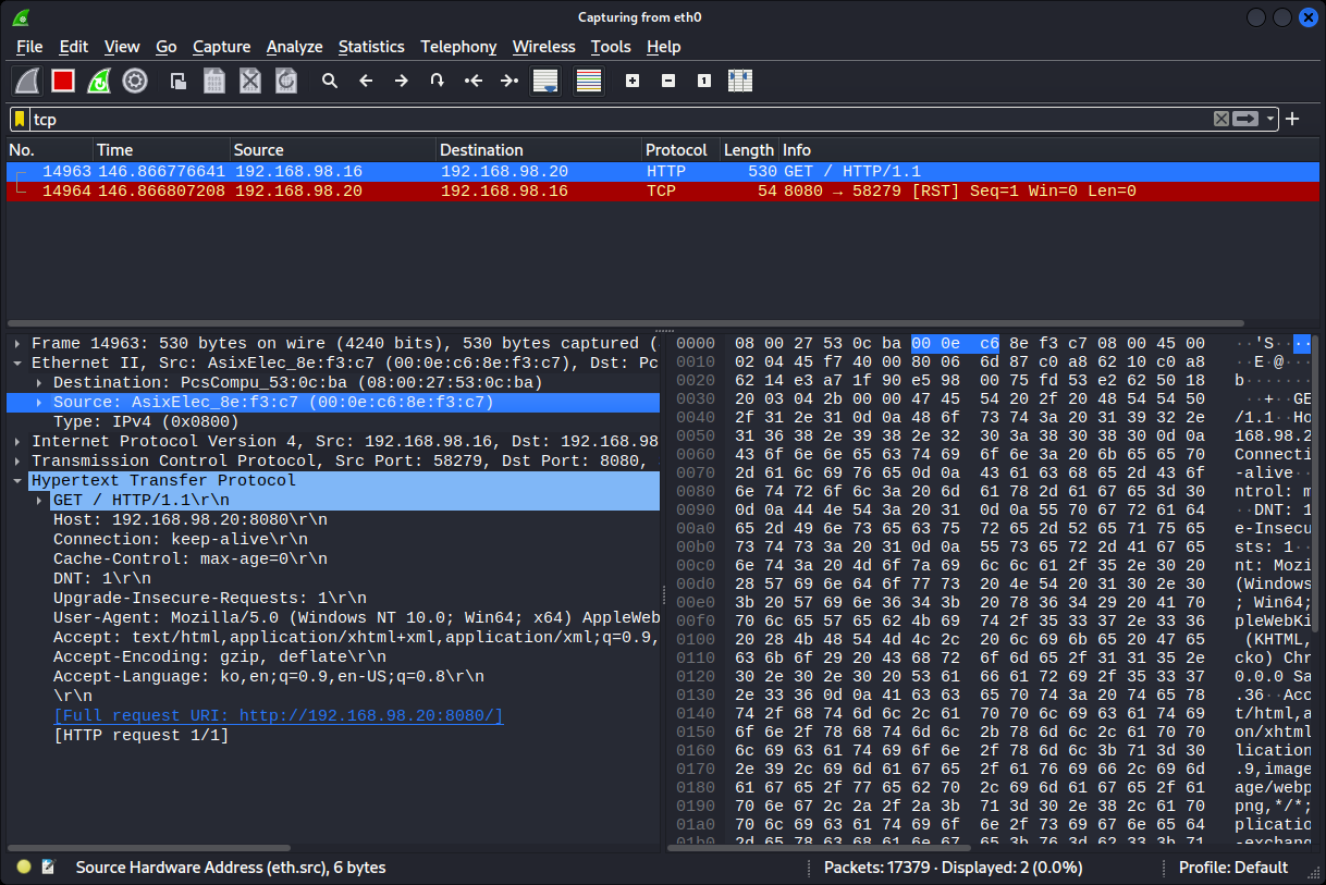 Colasoft Packet Builder send Packet 확인