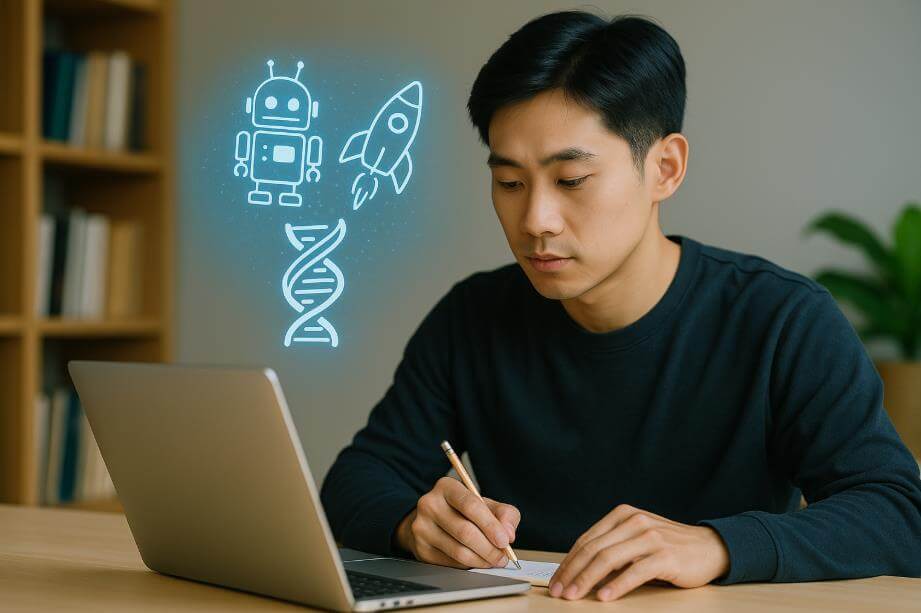 청년이 노트북 앞에서 미래 기술을 상상하는 장면