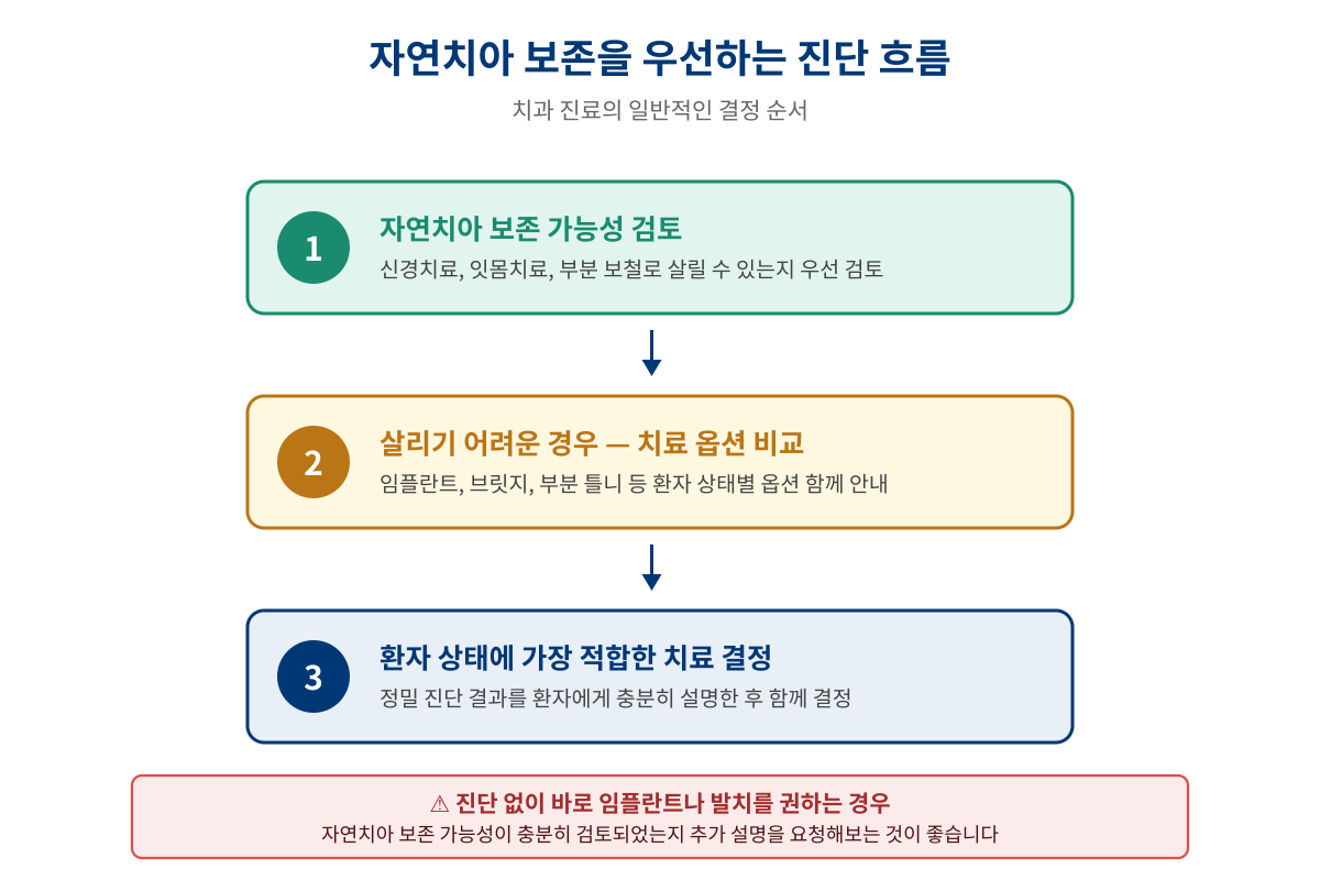 자연치아 보존 우선 진단 흐름 - 신경치료부터 임플란트까지 검토 순서