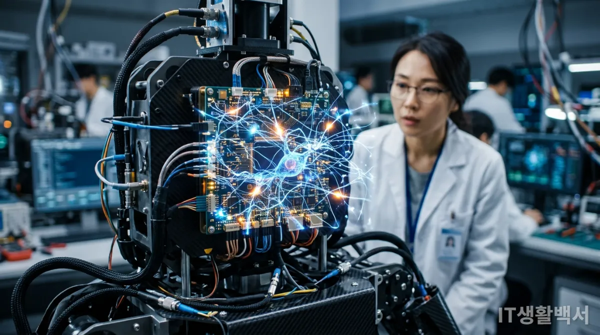 피지컬 AI 로봇의 인공지능 프로세싱을 상징하는 회로 기판과 데이터 흐름