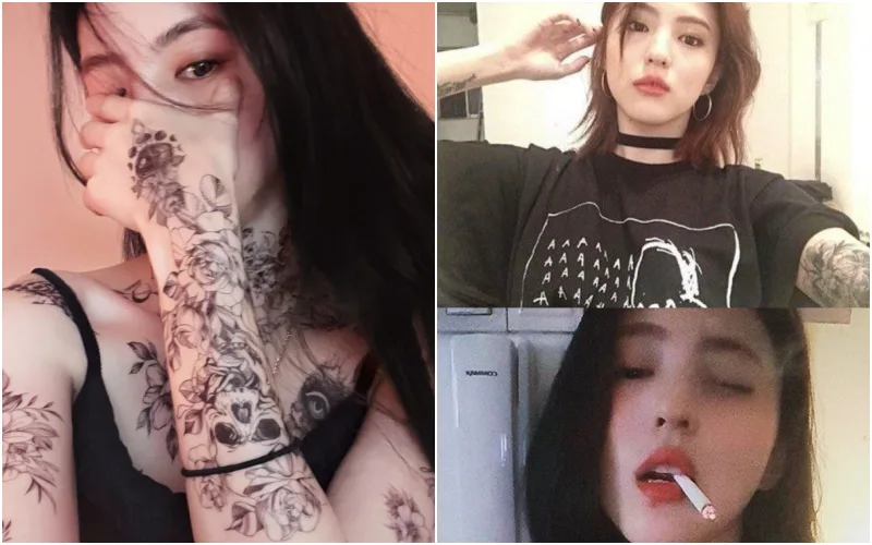 몸에 문신 타투가 그려진 한소희와 흡연중인 한소희