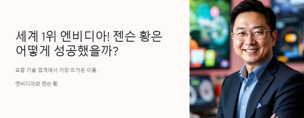 밝고 친근한 표정을 짓고 있는 젠슨 황을 묘사한 이미지. 그의 뒤로는 첨단 기술과 관련된 디지털 그래픽 화면이 보입니다.