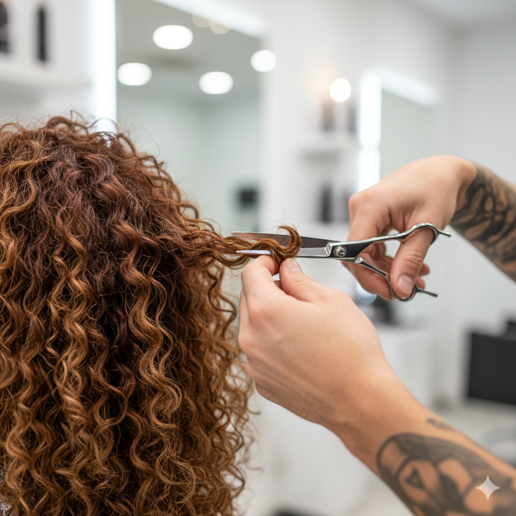디자이너가 마른 상태의 곱슬머리 컬 하나하나를 조심스럽게 가위로 다듬고 있는 전문적인 손길