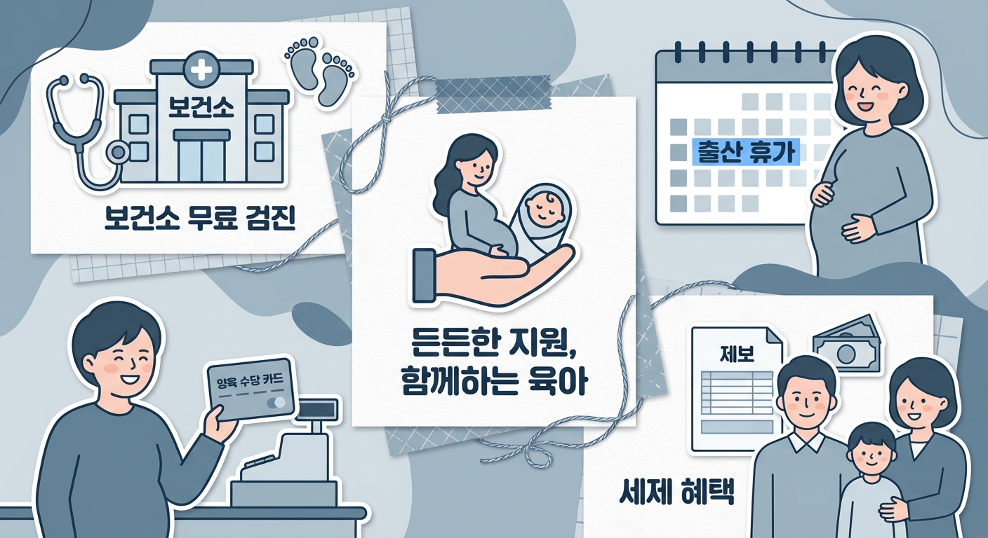 보건소 혜택, 육아휴직, 다자녀 감면 등 임산부와 신생아를 위한 다양한 연계 지원 혜택을 보여주는 그림
