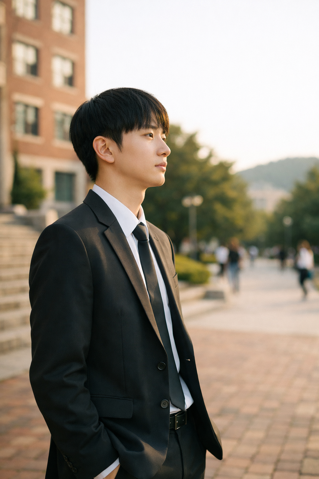 대학 캠퍼스에서 고민하고 있는 학생