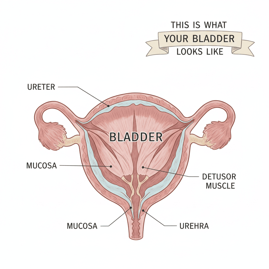 사람의 방광 구조를 단면으로 보여주는 해부도. 방광, 요관, 요도, 방광근육층 등이 라벨로 표시된 이미지.