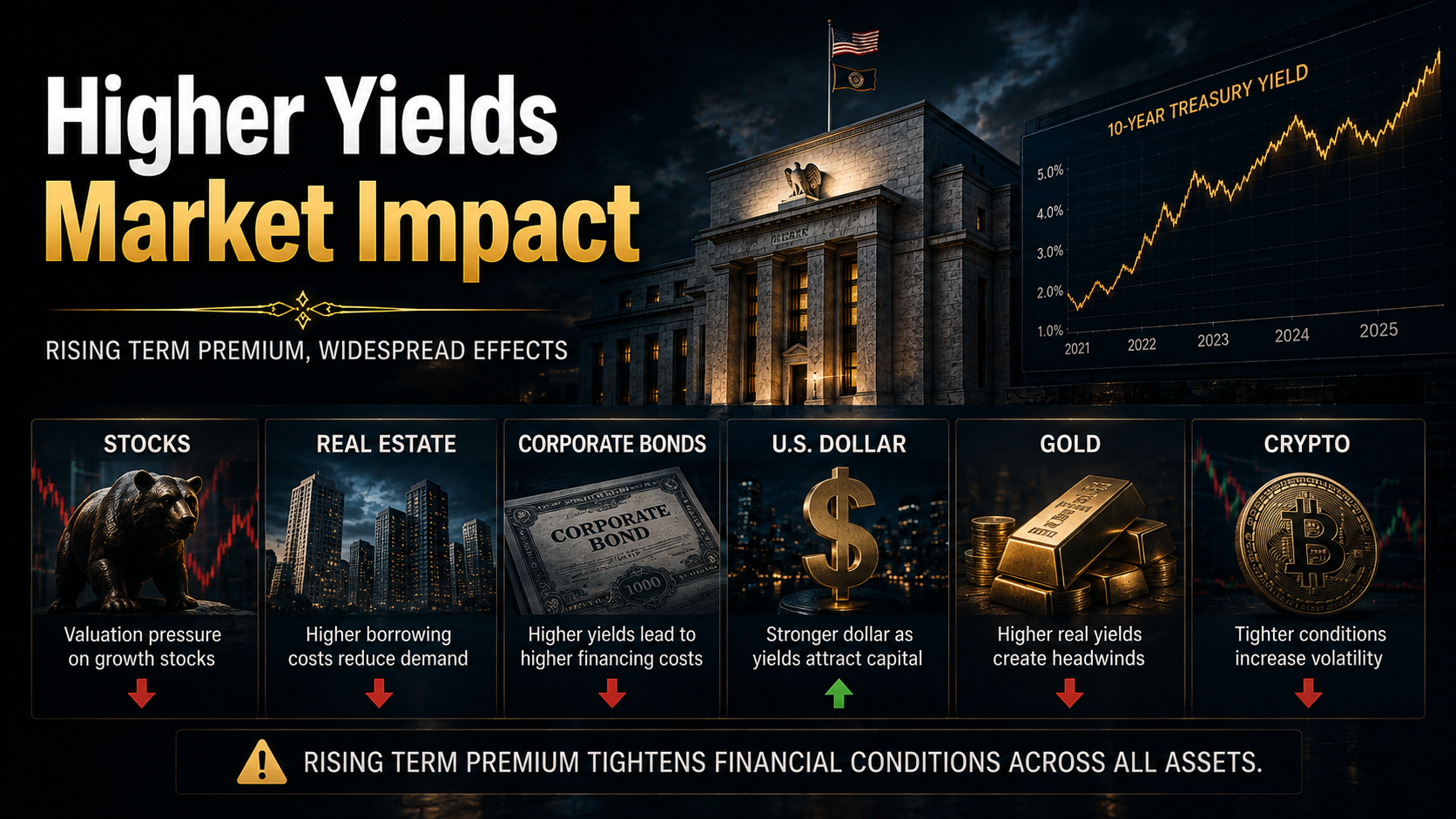 Illustration showing the impact of a rising Term Premium on major asset classes and financial markets.