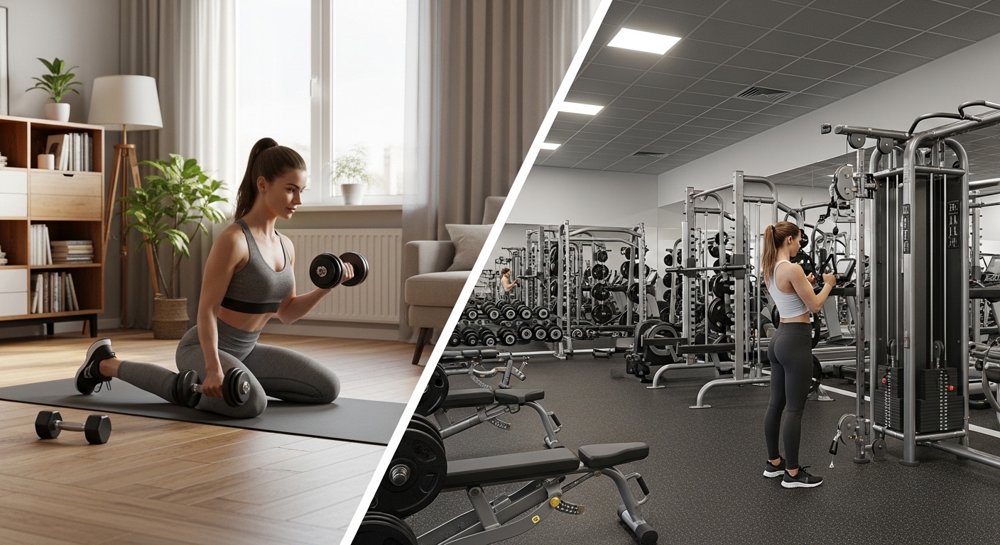 홈트하고 있는 여인의 모습과 헬스장 전경