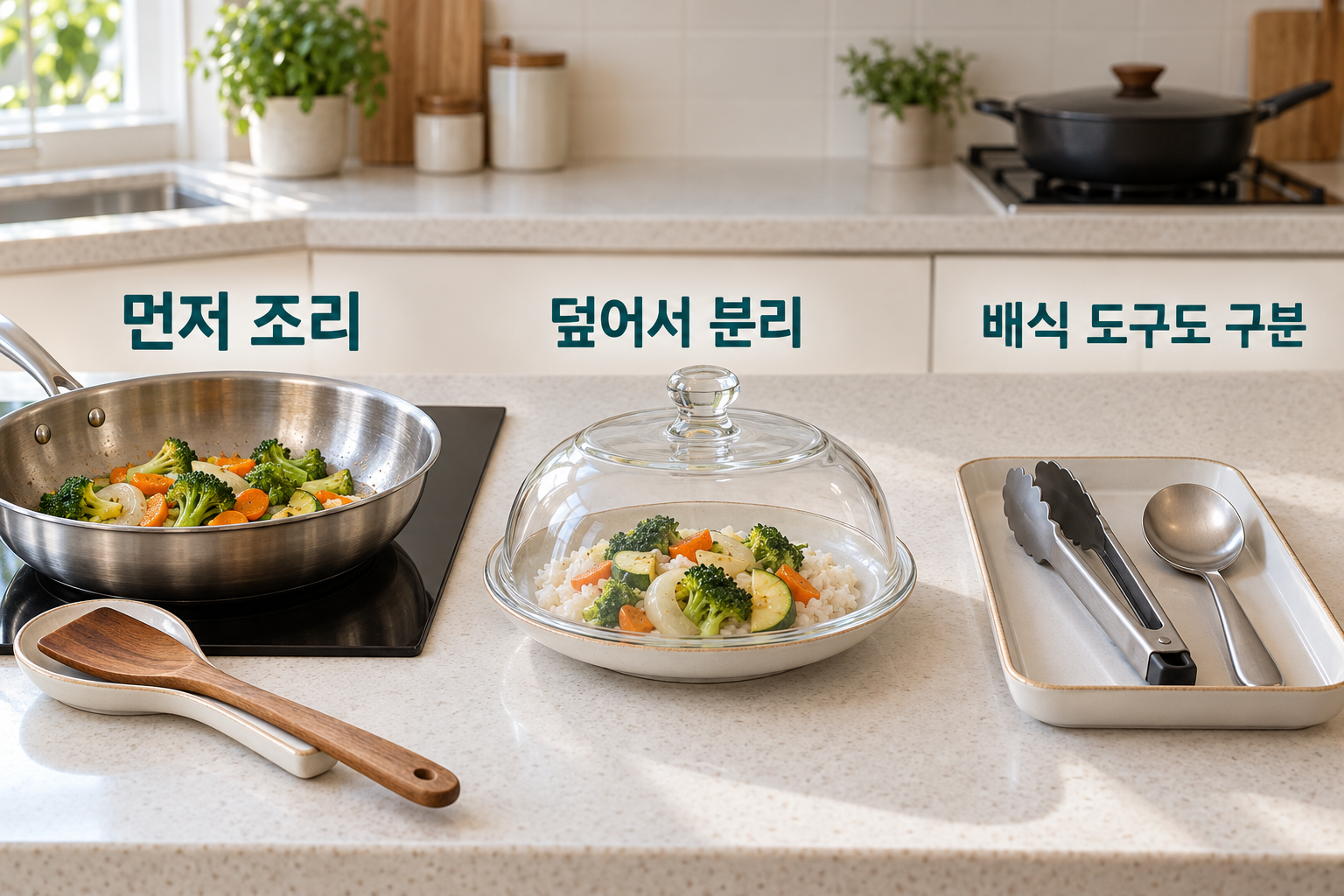 먼저 준비한 끼니를 뚜껑으로 덮고 다른 음식과 배식 도구를 분리한 조리대