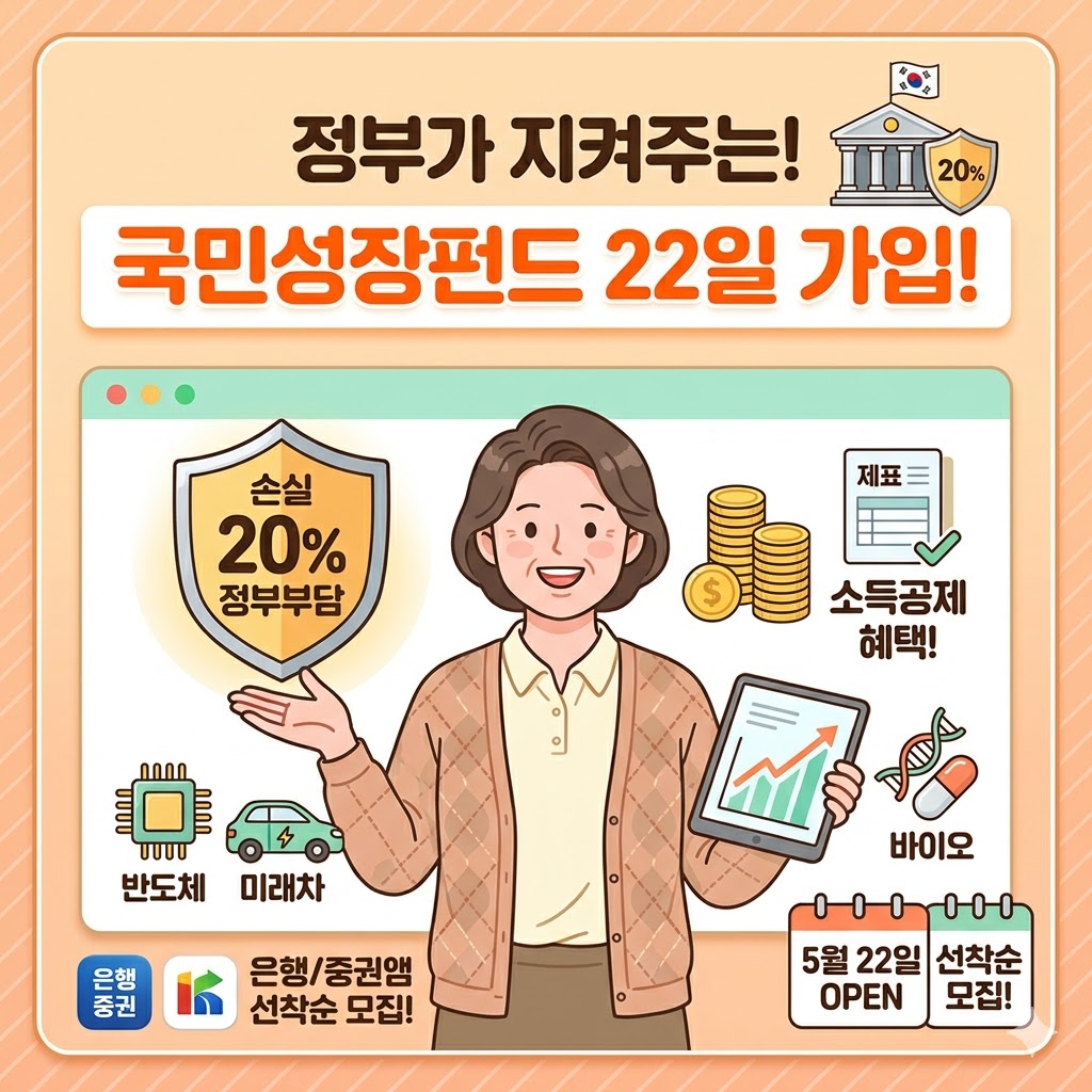 국민참여형 국민성장펀드 출시 안내 썸네일: 정부가 손실 20%를 우선 부담하고 최대 1,800만 원의 소득공제 혜택을 제공하는 첨단전략산업 투자 펀드 소개 이미지