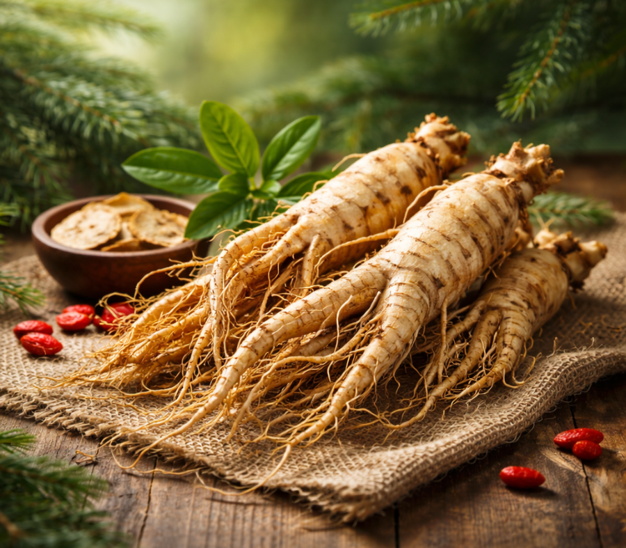 alt="나무 테이블 위에 놓인 인삼 뿌리, 겨울 건강을 위한 자연 식재료 이미지"
