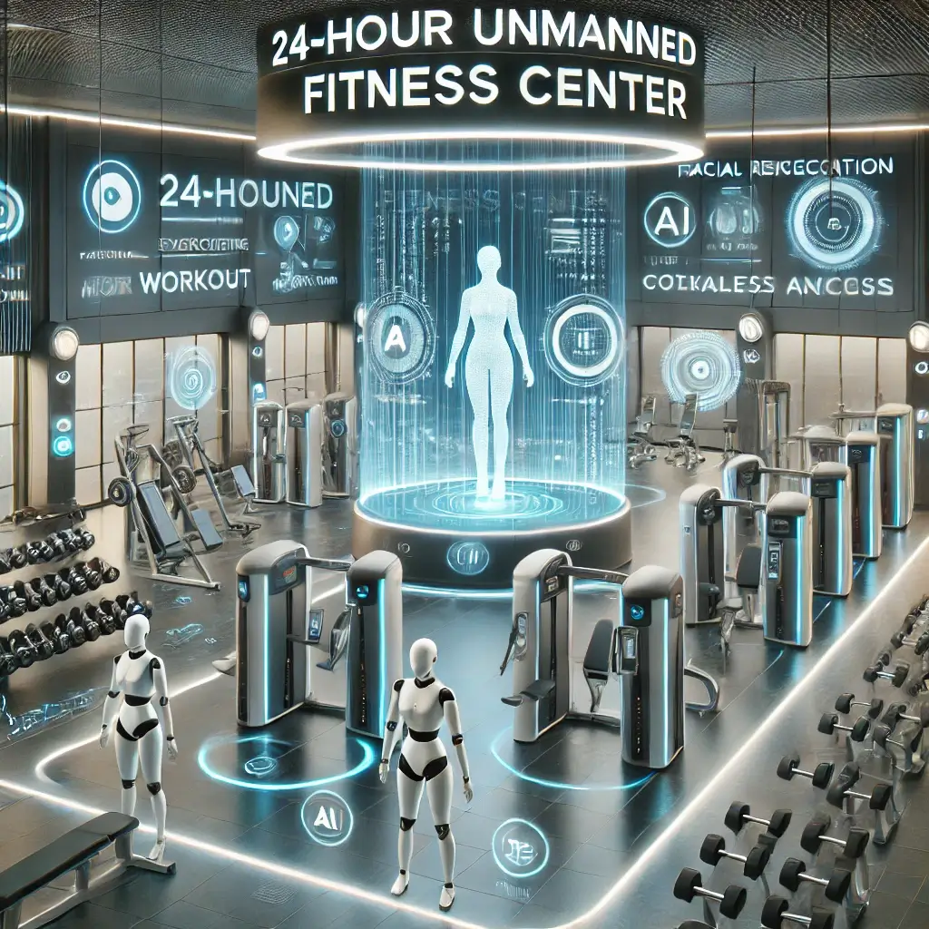 스마트 운동 기구, AI 트레이너, 얼굴 인식 출입 시스템 등 첨단 헬스장 요소가 포함되어 있어요