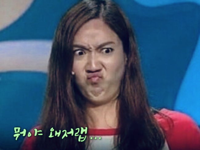 옛날 웃찾사 에서 개그우먼 이은형 님이 만든 유행어 &#39;뭐야 왜 저랩&#39;의 대사를 치고 있는 모습이다.
입술을 내밀고&#44; 인상을 찡그린 모습의 표정이다.