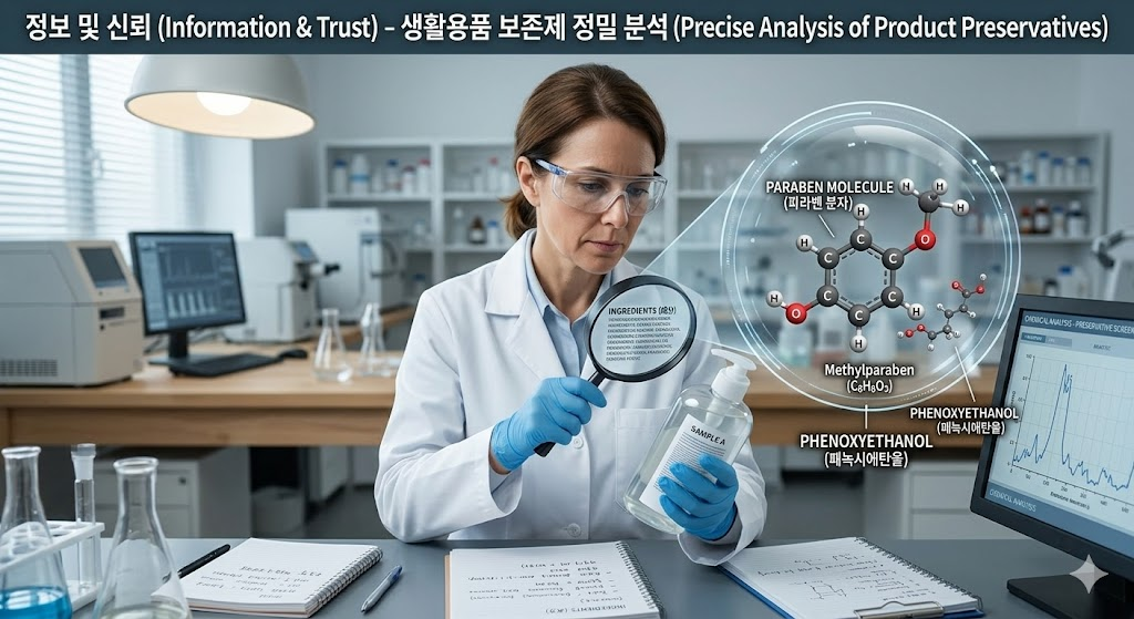 생활용품 속 보존제 성분을 정밀 분석하는 전문가와 화학 분자 구조