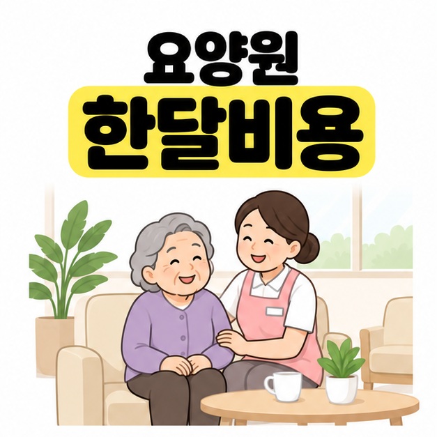 요양원 한달비용 제목 아래 휴게 공간의 소파에 어르신과 요양보호사가 나란히 앉아 있는 모습
