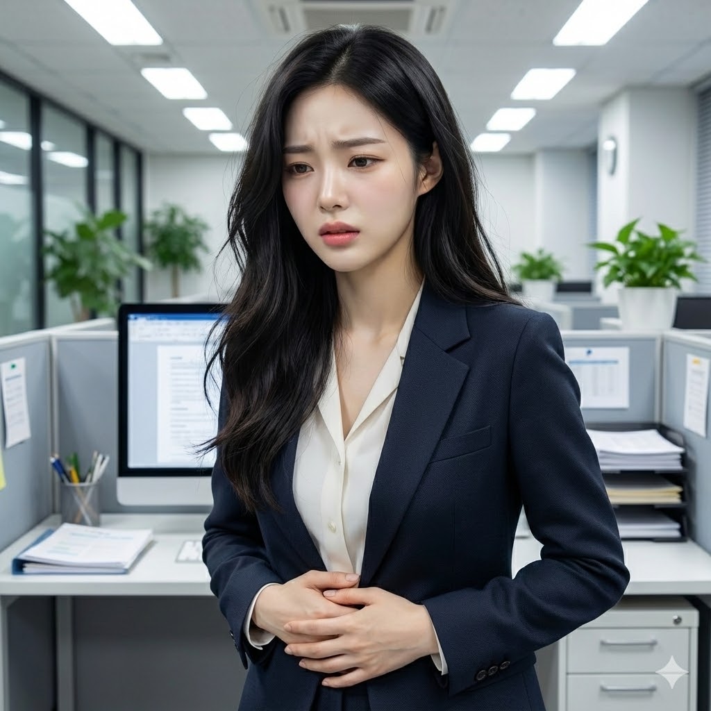 다이어트 중 속쓰림으로 아파하는 여성의 사진