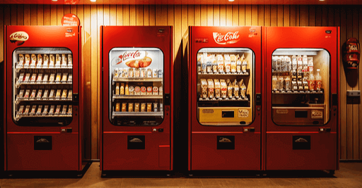 빨간색의 4대 음료수 자판기들이 즐비하다. 안에는 다양한 음료수들이 담겨있다.