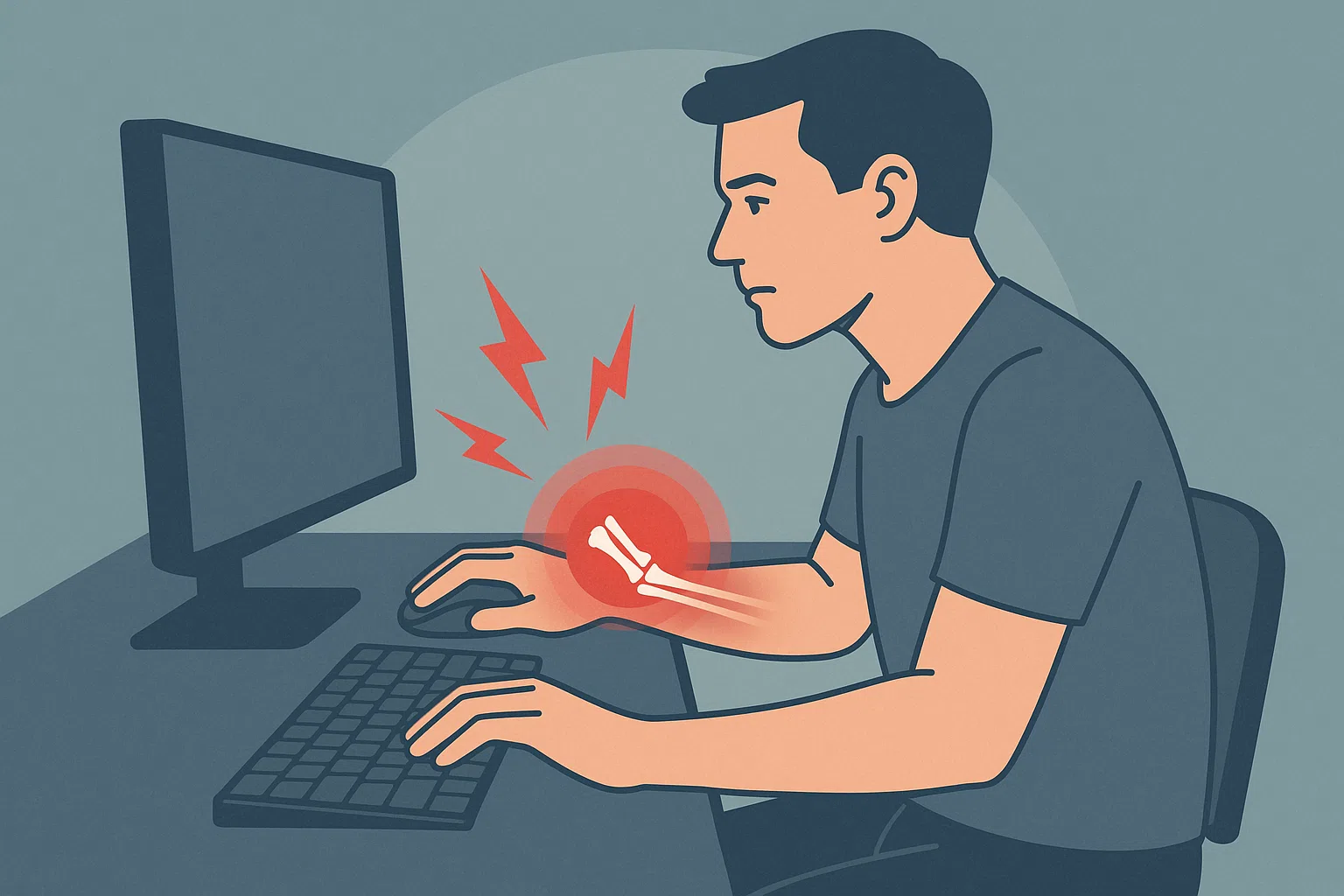 스트레스를 받은 직장인이 어깨와 목, 손목까지 긴장된 모습, 긴장된 근육을 붉게 표시한 다이어그램