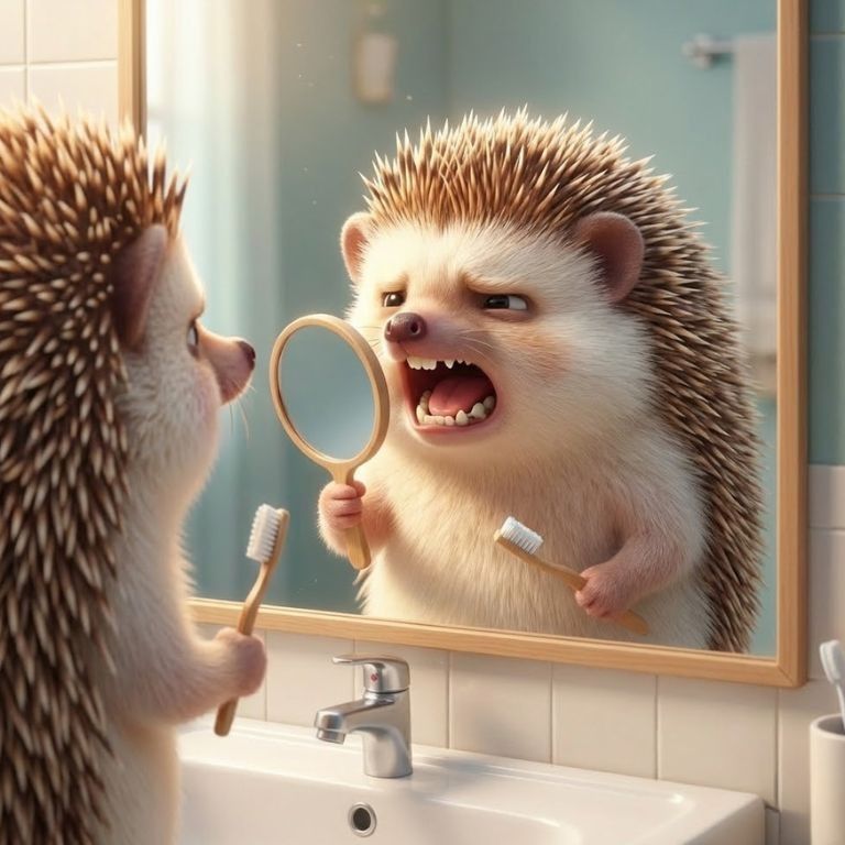 이빨을 닦으면서 피가 나오자 거울을 보고 있는 도치시