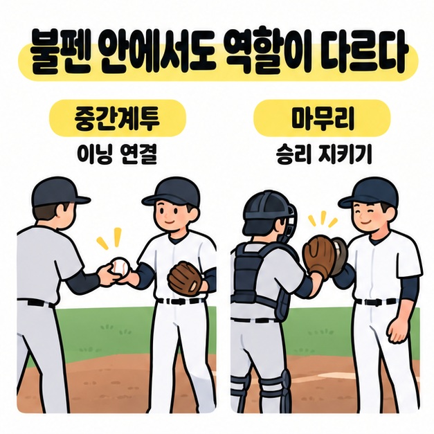 중간계투의 이닝 연결 역할을 공을 건네받는 장면으로, 마무리의 승리 지키기 역할을 포수와 글러브를 맞대는 장면으로 보여주는 그림