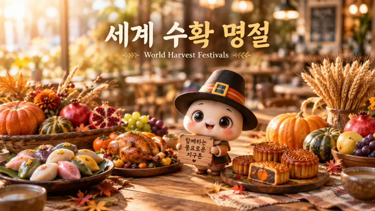 한국 송편, 미국 칠면조, 중국 월병, 독일 밀다발, 서아프리카 얌 등 세계 각국 수확 명절의 대표 음식을 한자리에 담은 미니미 캐릭터 합성 이미지
