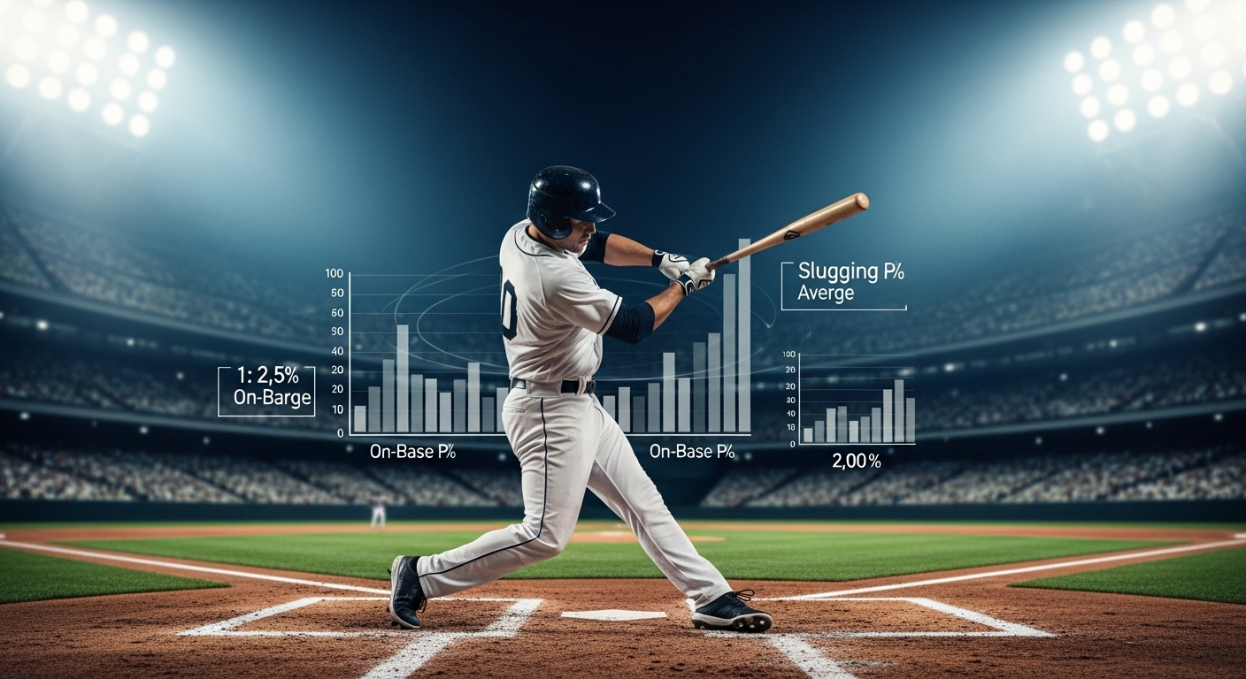 야구 배트를 휘두르는 타자의 모습과 함께 타율, 출루율, 장타율 그래프가 시각적으로 설명된 이미지