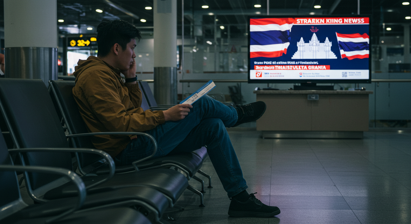 공항 라운지에서 태국-캄보디아 전쟁 뉴스를 보며 불안해하는 여행자