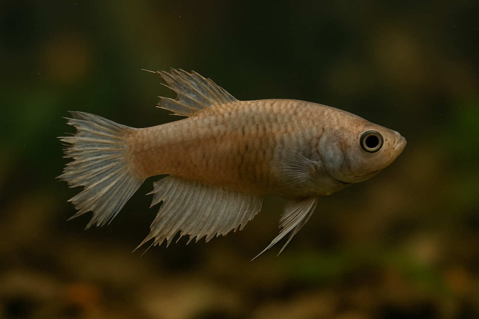 지느러미가 찢어지고 색이 바랜 열대어의 모습