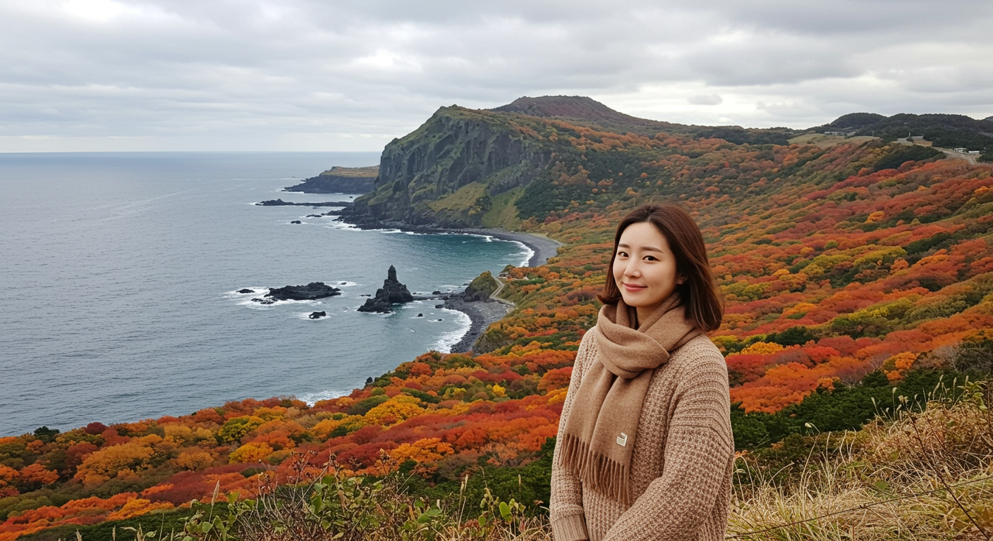 가을 제주 해안가에서 풍경을 감상하는 한국인 여성