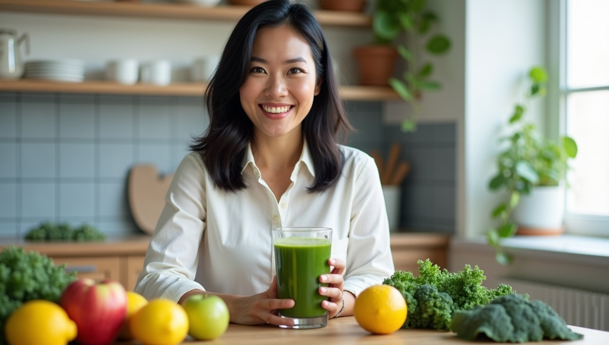 검정 머리 40대 아시아 여성이 밝게 웃으며 선명한 초록빛 해독주스를 들고 있는 모습