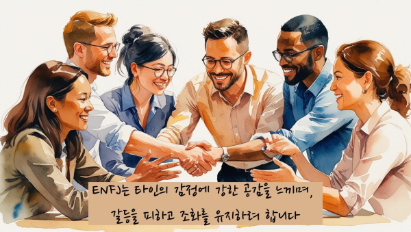 ENFJ는 타인의 감정에 강한 공감을 느끼면, 갈등을 피하고 조화를 유지하려 합니다에 관한 그림