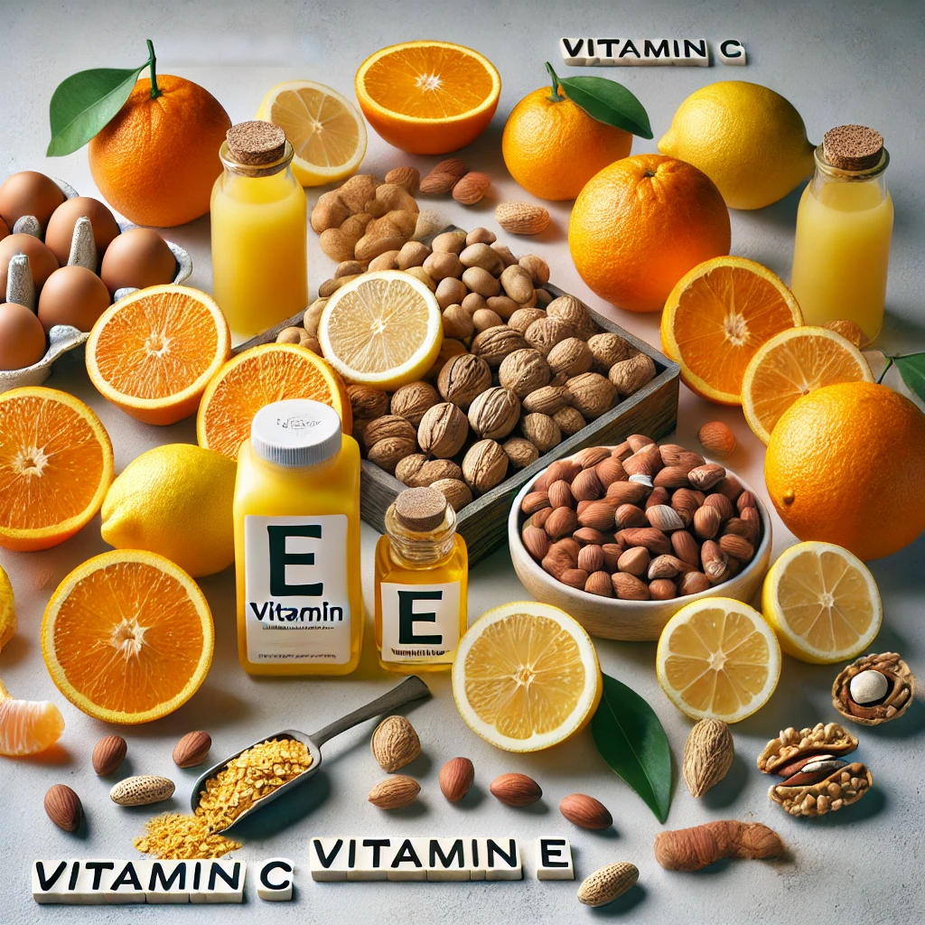 비타민 C가 풍부한 오렌지와 레몬, 비타민 E가 포함된 견과류 이미지