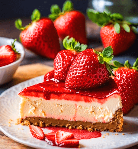 하얀 접시 위에 치즈케이크 한조각이 있고 그 위에는 빨간 딸기들이 있다.