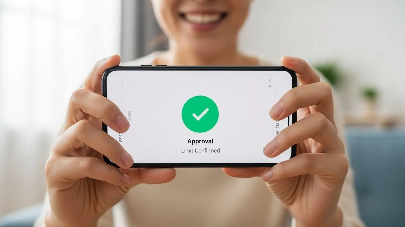 스마트폰으로 안전하게 한도 조회를 마치고 승인 완료 화면을 보며 안도하는 사람의 모습