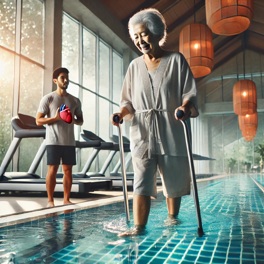 수영장에서 물 속에서 걷는 모습