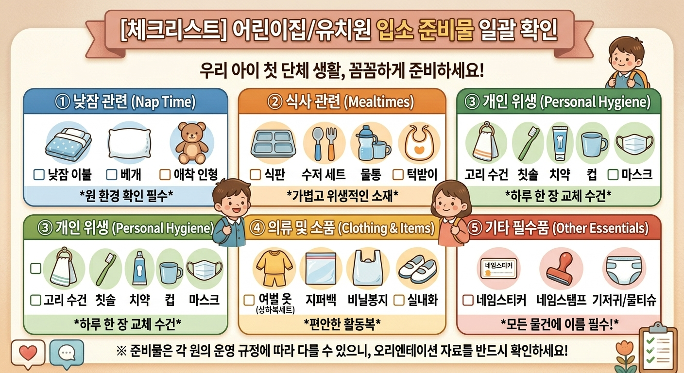 어린이집/유치원 입소 준비물 일괄 체크리스트 인포그래픽