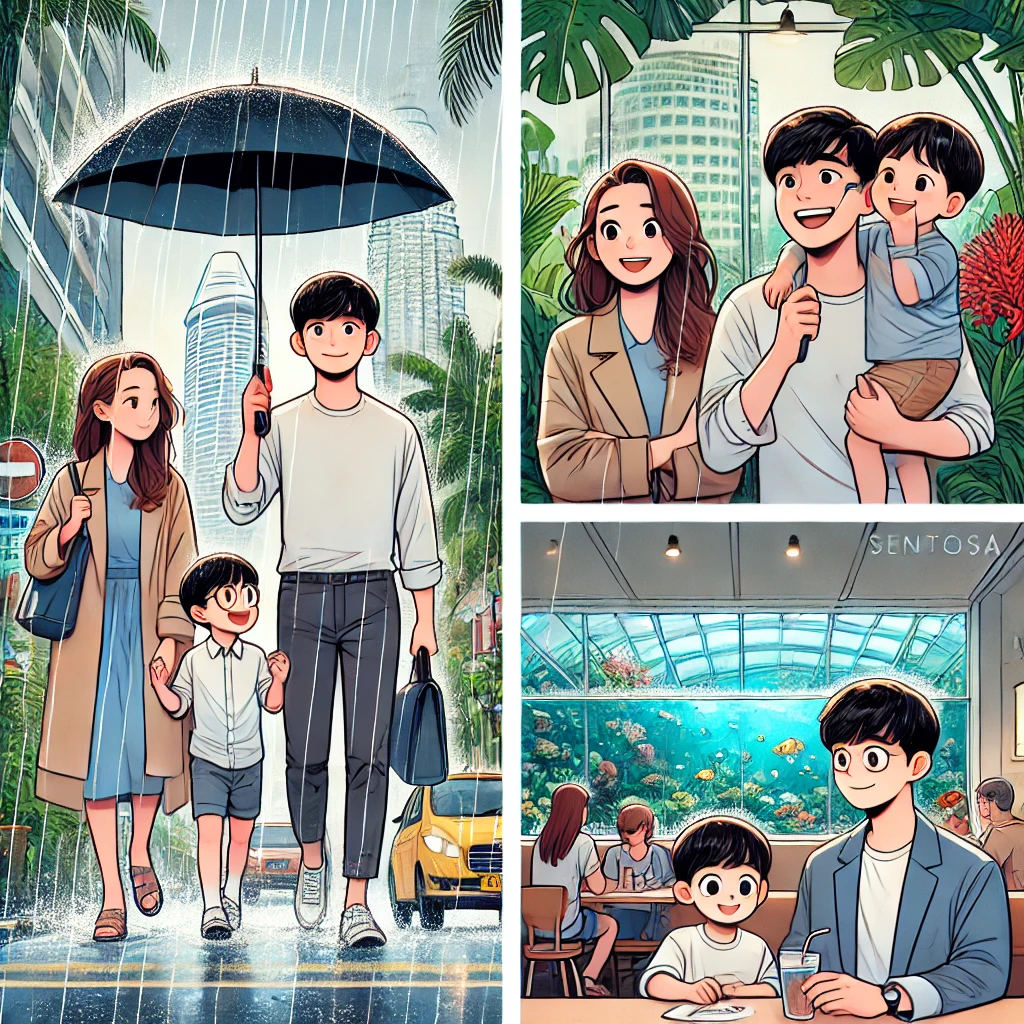 갑작스런 비가 내리는 싱가포르 거리에서 우산을 쓰고 걷는 가족