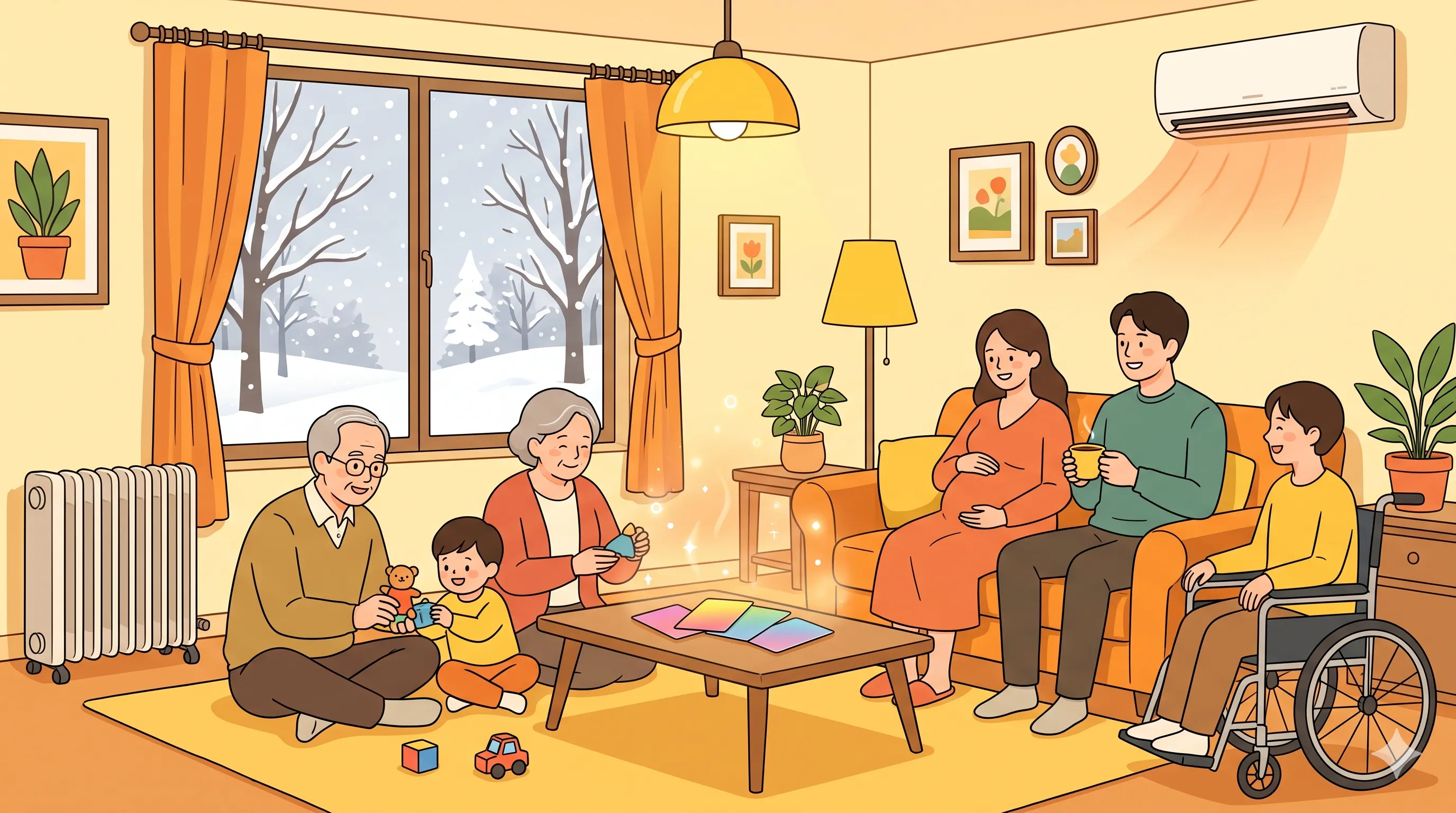 난방과 냉방 혜택을 받는 다세대 가족의 따뜻한 실내 모습 일러스트