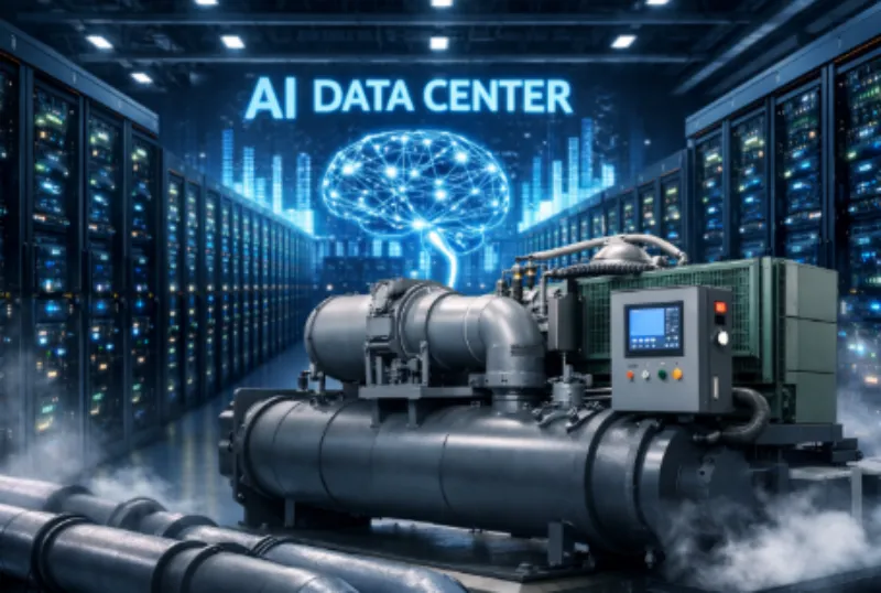 LG전자 데이터센터 냉각 기술과 대형 칠러 시스템을 보여주는 AI 데이터센터 개념 이미지