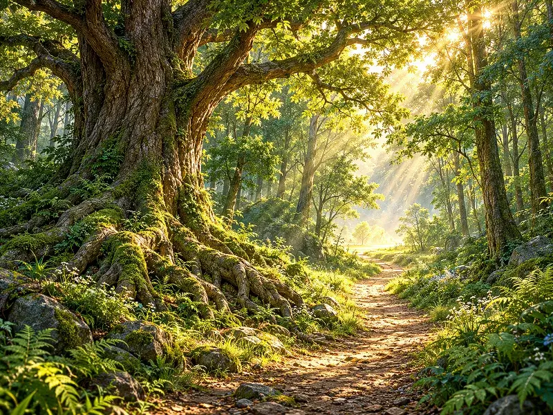 ancient-tree-deep-roots-sunlit-forest-path.png" alt="A majestic ancient tree with deep, moss-covered roots beside a winding forest path illuminated by warm golden sunlight