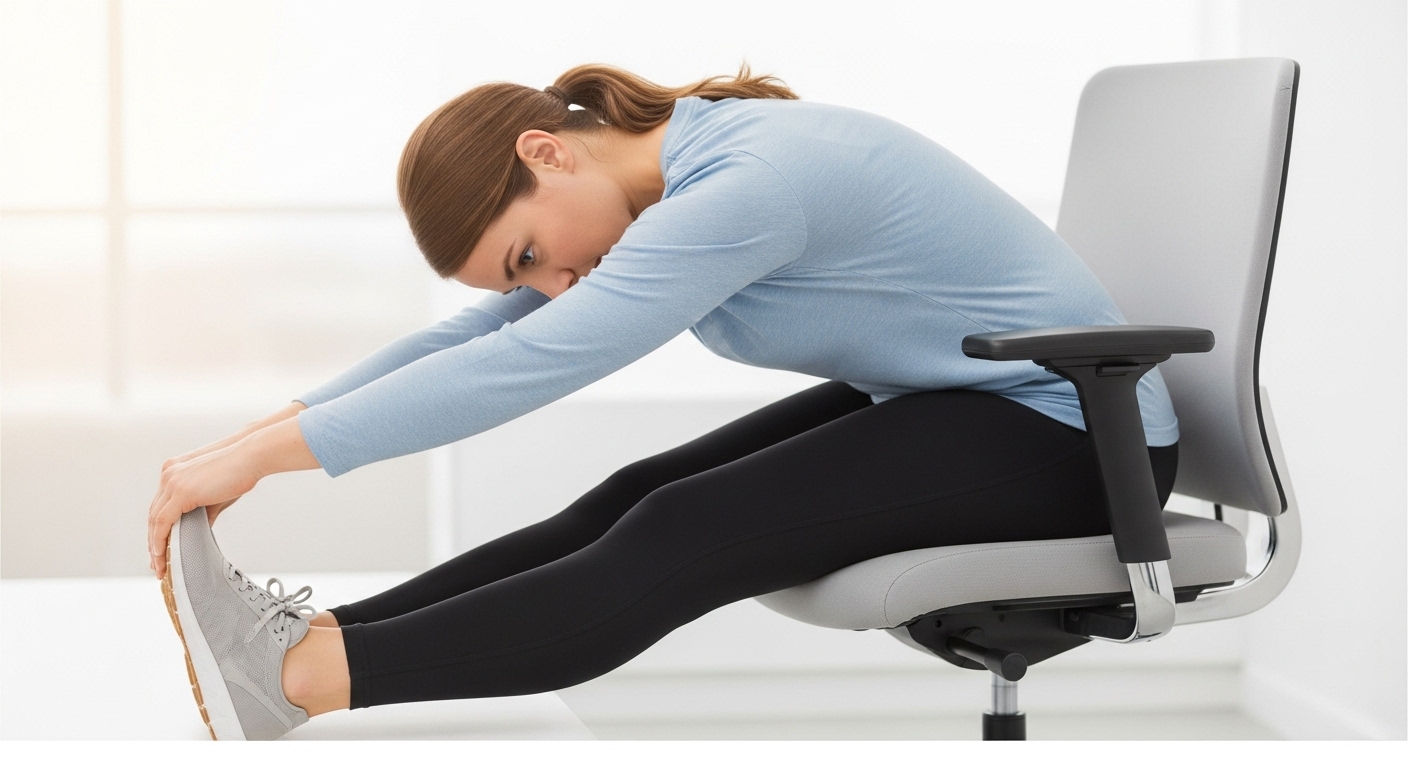 재택근무자가 의자에 앉아 상체를 앞으로 숙여 허리와 등 전체를 늘려주는 스트레칭 동작.