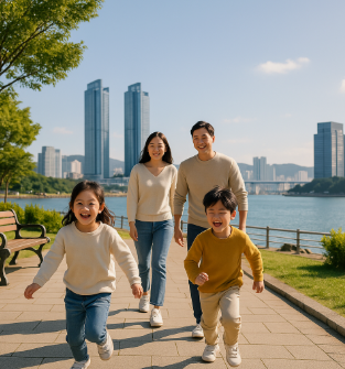 해운대에서 산책로에서 아이들이 뛰어다니는 모습을 보는 부모