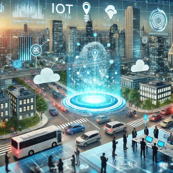 첨단 IoT 센서가 설치된 도시 전경
스마트 교통 시스템 및 클라우드 데이터 시각화 화면
컨퍼런스에서 네트워킹하는 전문가들 모습